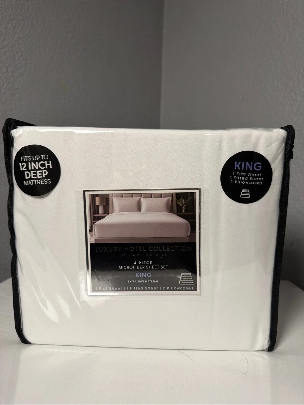 Hotel Collection King Sheet Set in White with Black Trim Packaging